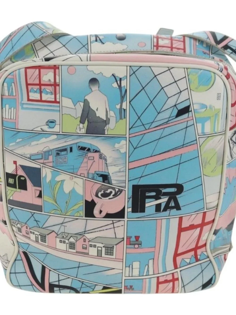 PRADA Comic Print Shoulder Bag Leather White Silver Auth